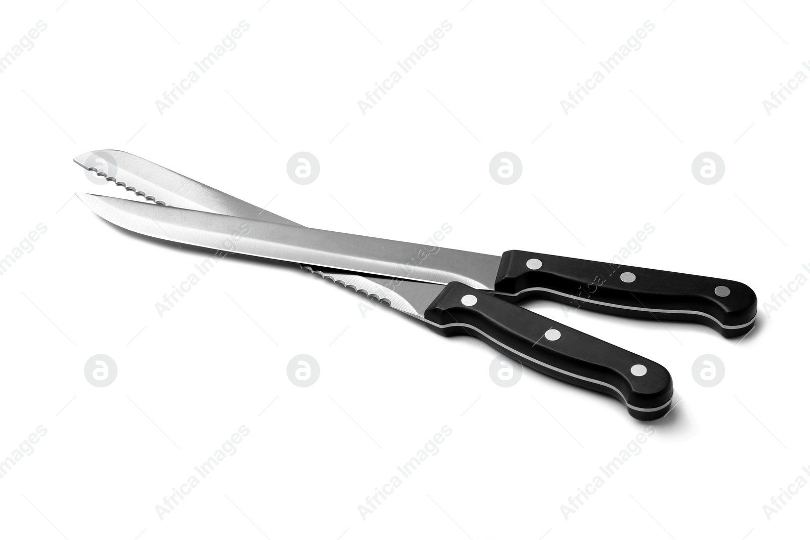 Photo of Modern sharp slicing and bread knives isolated on white