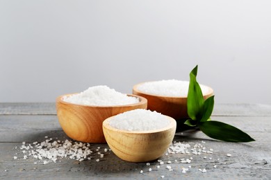 Photo of Bowls of natural sea salt and green leaves on grey wooden table