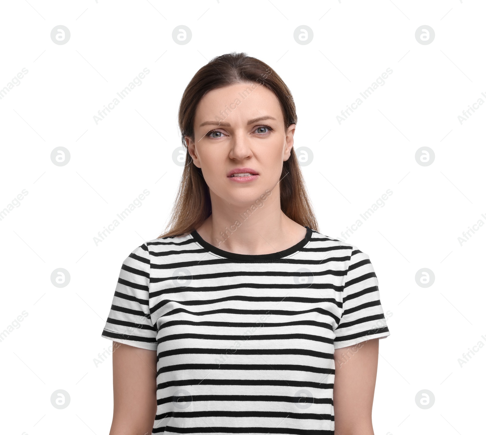 Photo of Portrait of sad woman on white background