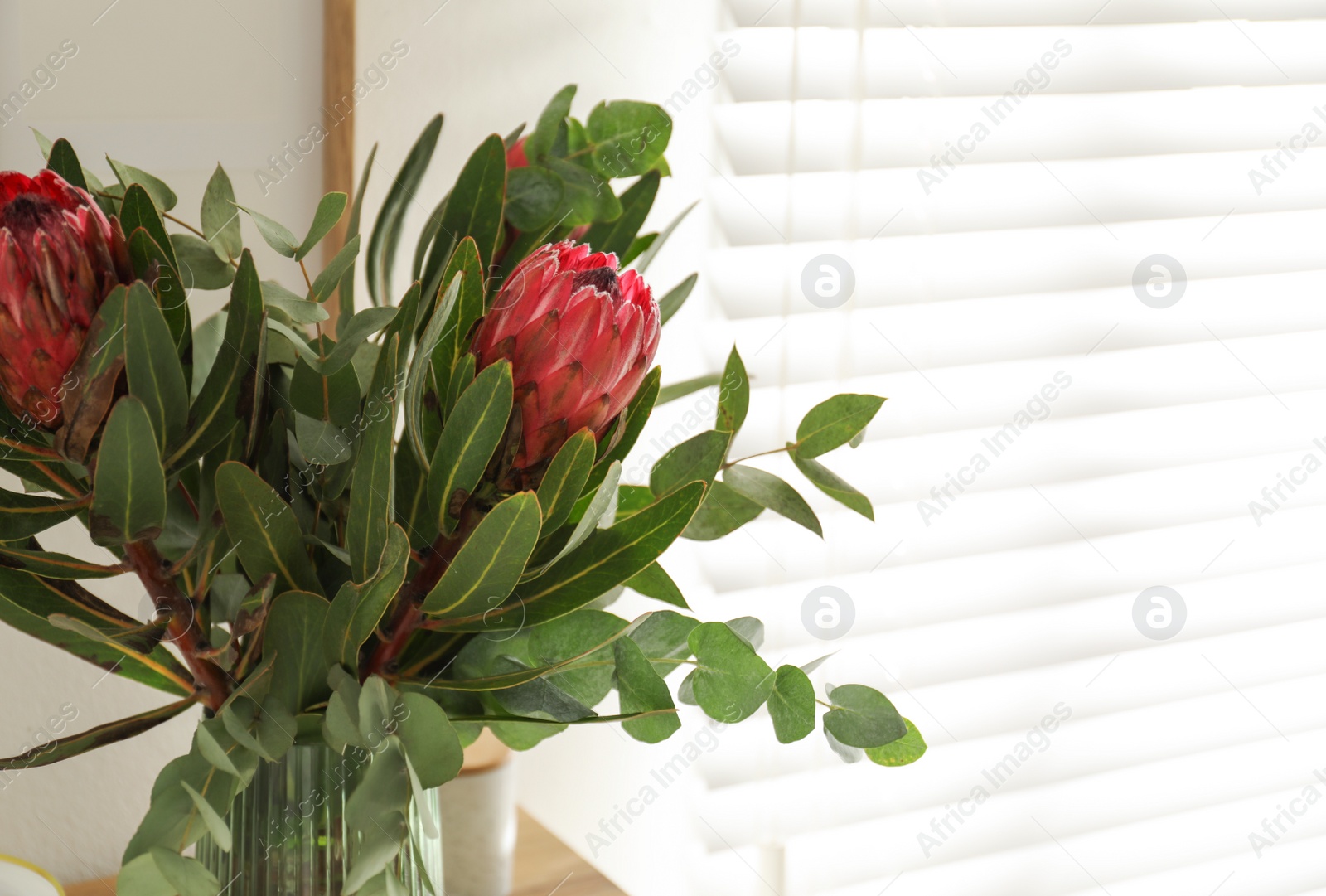 Photo of Vase with bouquet of beautiful Protea flowers indoors, closeup