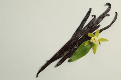 Photo of Vanilla pods, beautiful flower and green leaf on light grey background, top view. Space for text