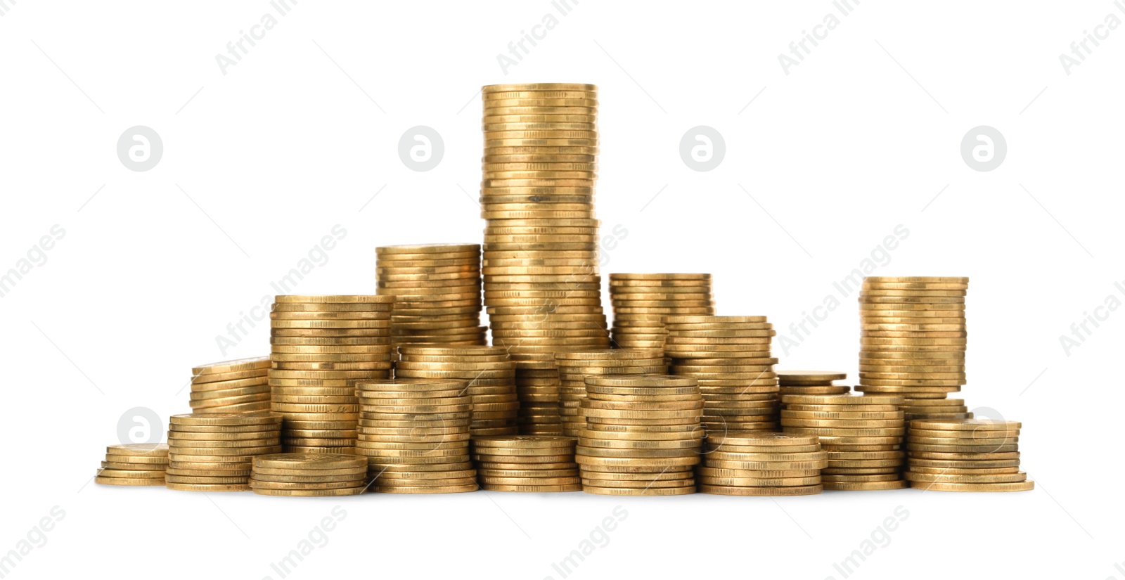 Photo of Many golden coins stacked on white background