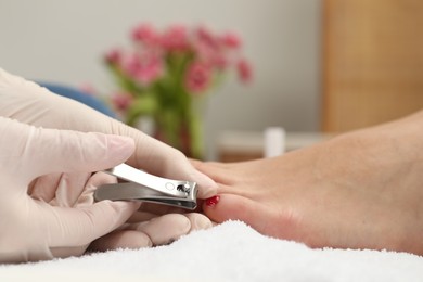 Pedicurist cutting client`s toenails with clipper in beauty salon, closeup