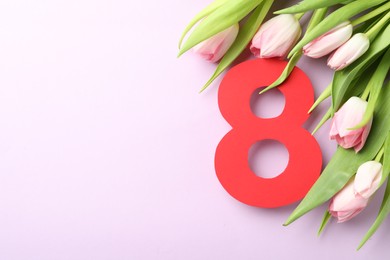 Photo of 8 March card design with tulips and space for text on violet background, flat lay. International Women's Day