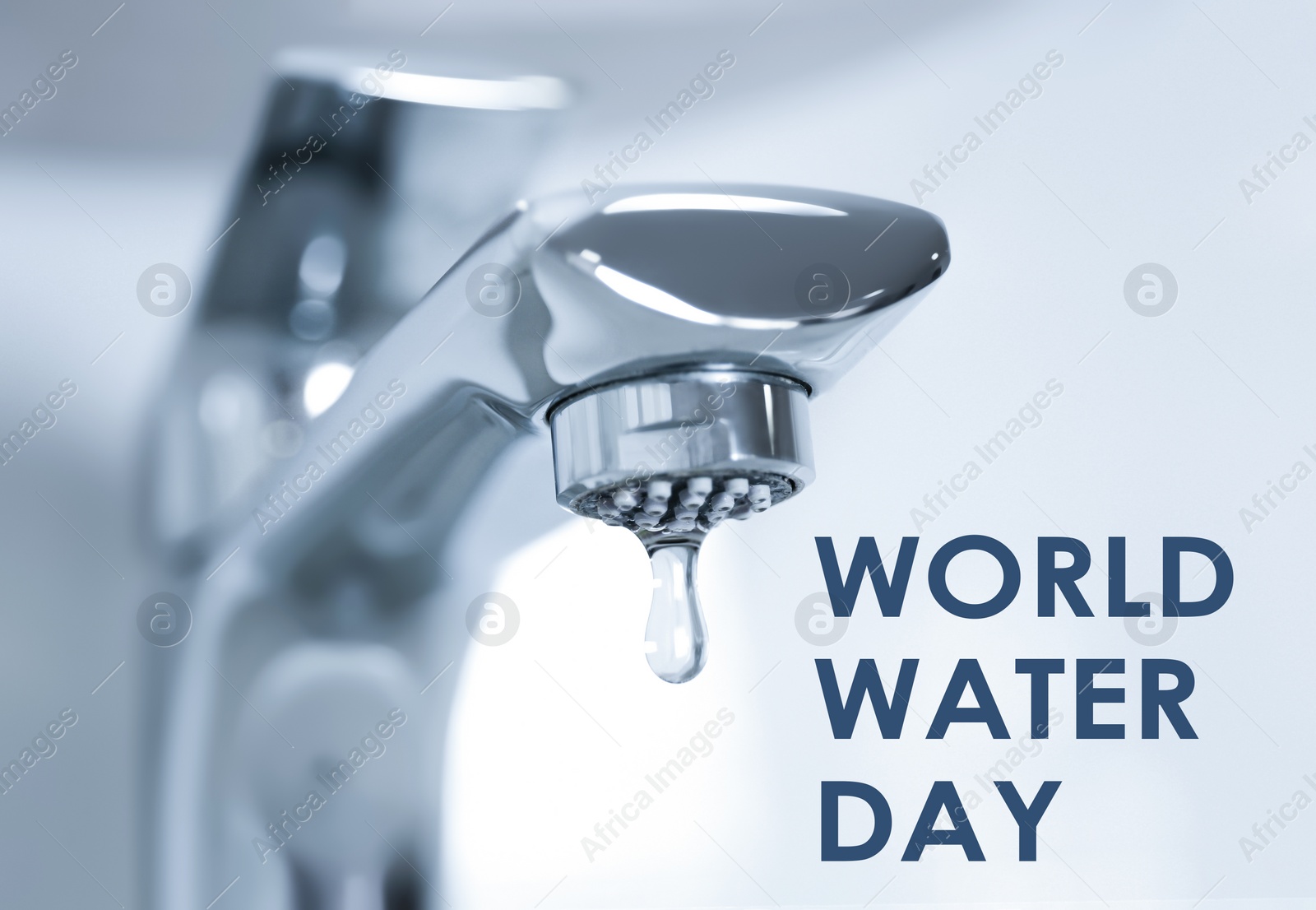 Image of Text World Water Day and water drop falling down from tap