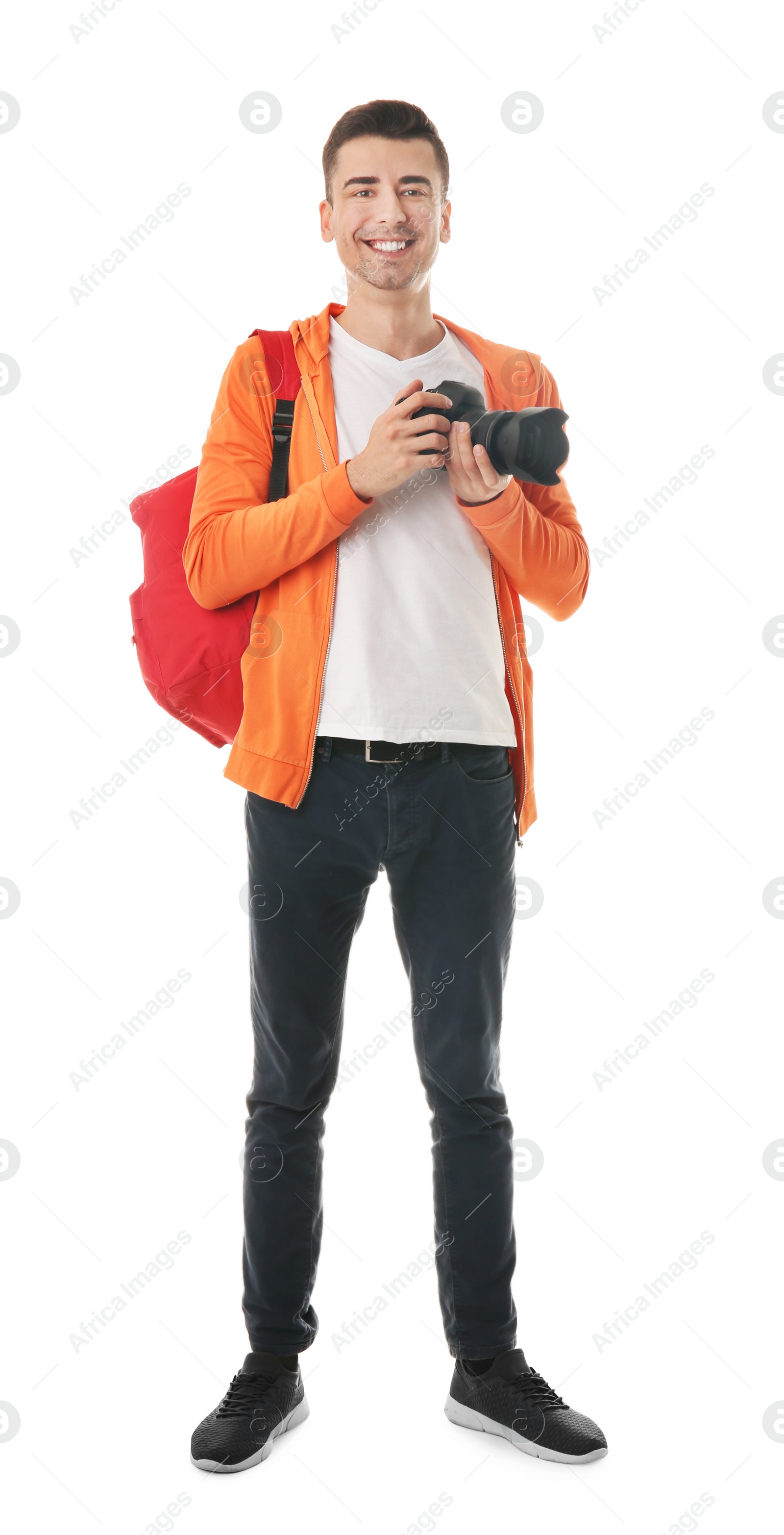 Photo of Male photographer with camera on white background