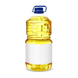 Cooking oil in plastic bottle with empty label isolated on white. Mockup for design