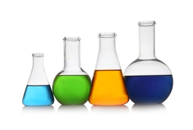 Photo of Chemistry glassware with color samples isolated on white