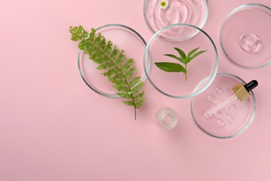 Petri dishes with different plants and cosmetic products on pink background, flat lay. Space for text