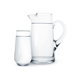 Glass and jug with water isolated on white