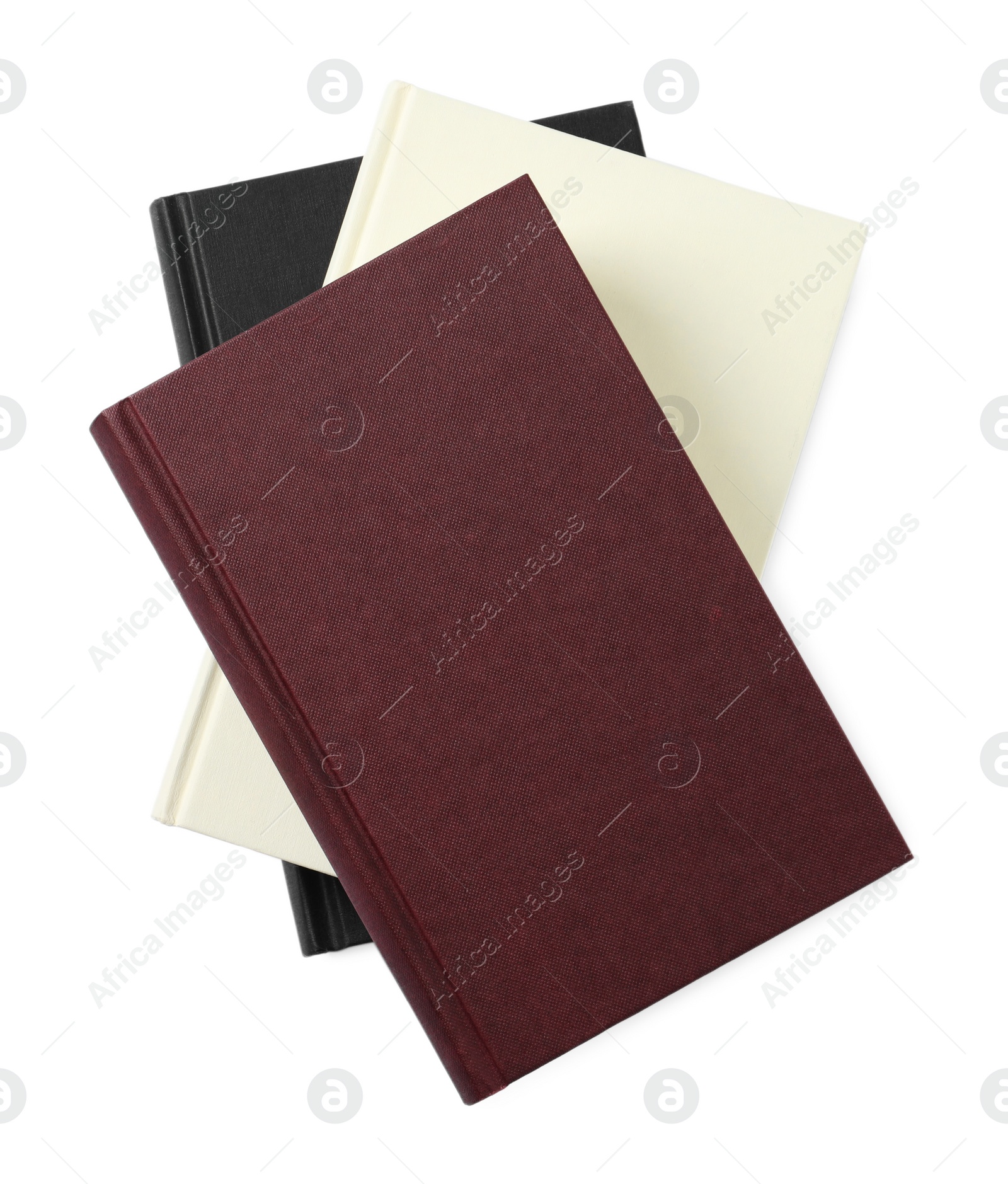 Photo of Stack of hardcover books isolated on white, top view