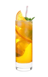 Delicious orange lemonade made with soda water isolated on white