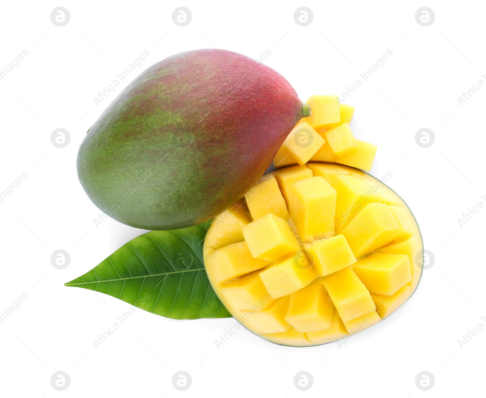 Photo of Cut and whole ripe mangoes isolated on white, top view