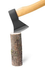 Metal ax in wooden log on white background