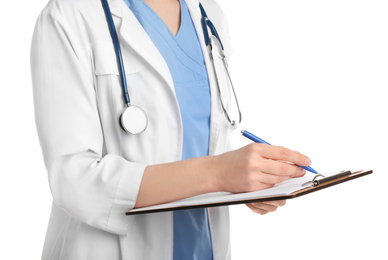 Doctor with stethoscope and clipboard on white background, closeup. Medical service