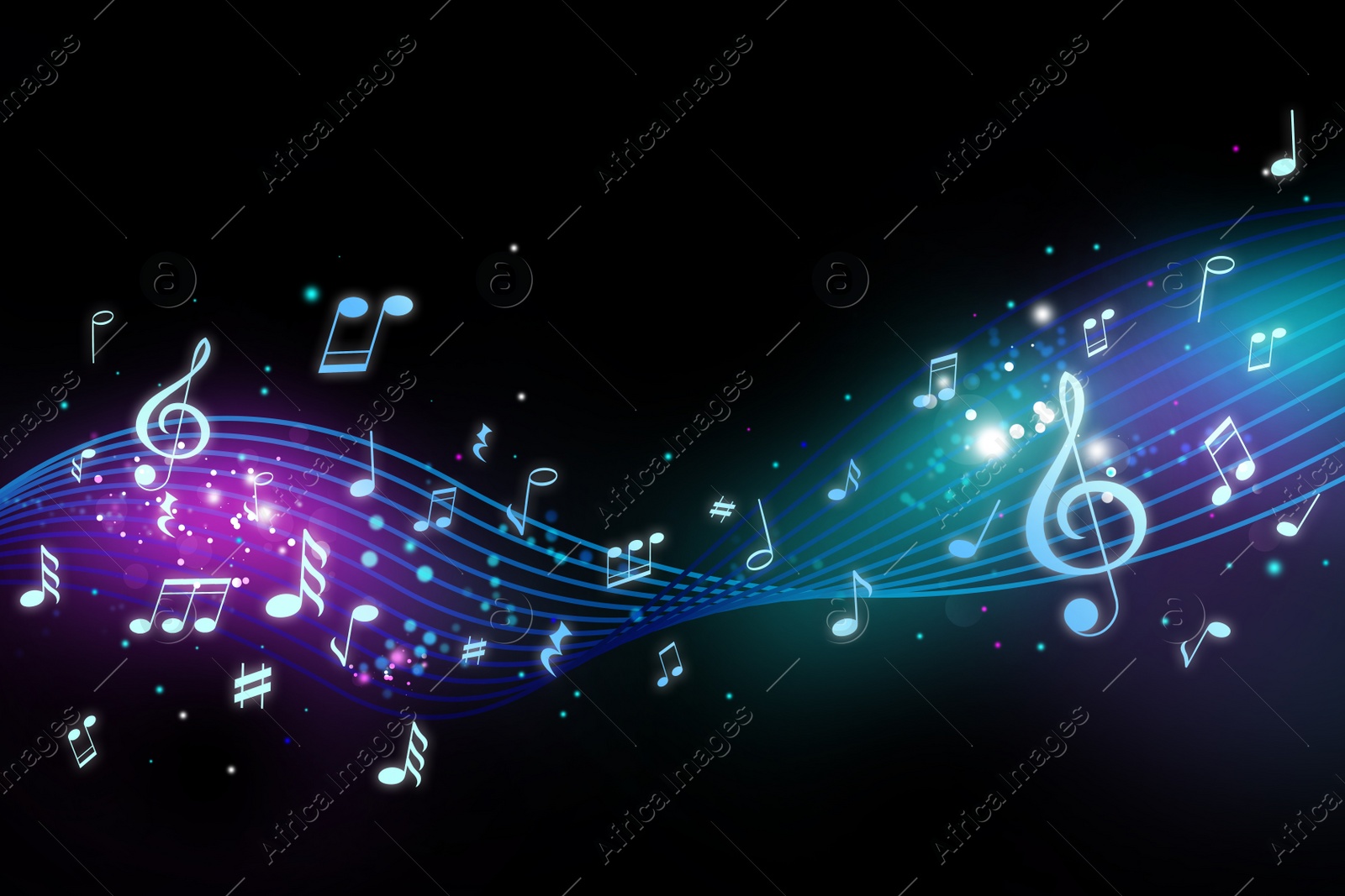 Illustration of Bright staff with music notes and other musical symbols on black background