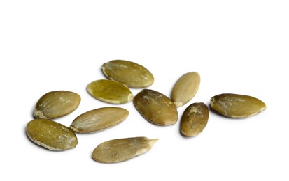 Photo of Raw shelled pumpkin seeds on white background