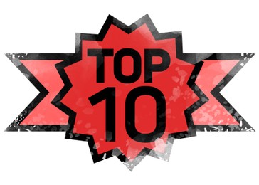 Top ten list. Award rosette with word and number 10 on white background