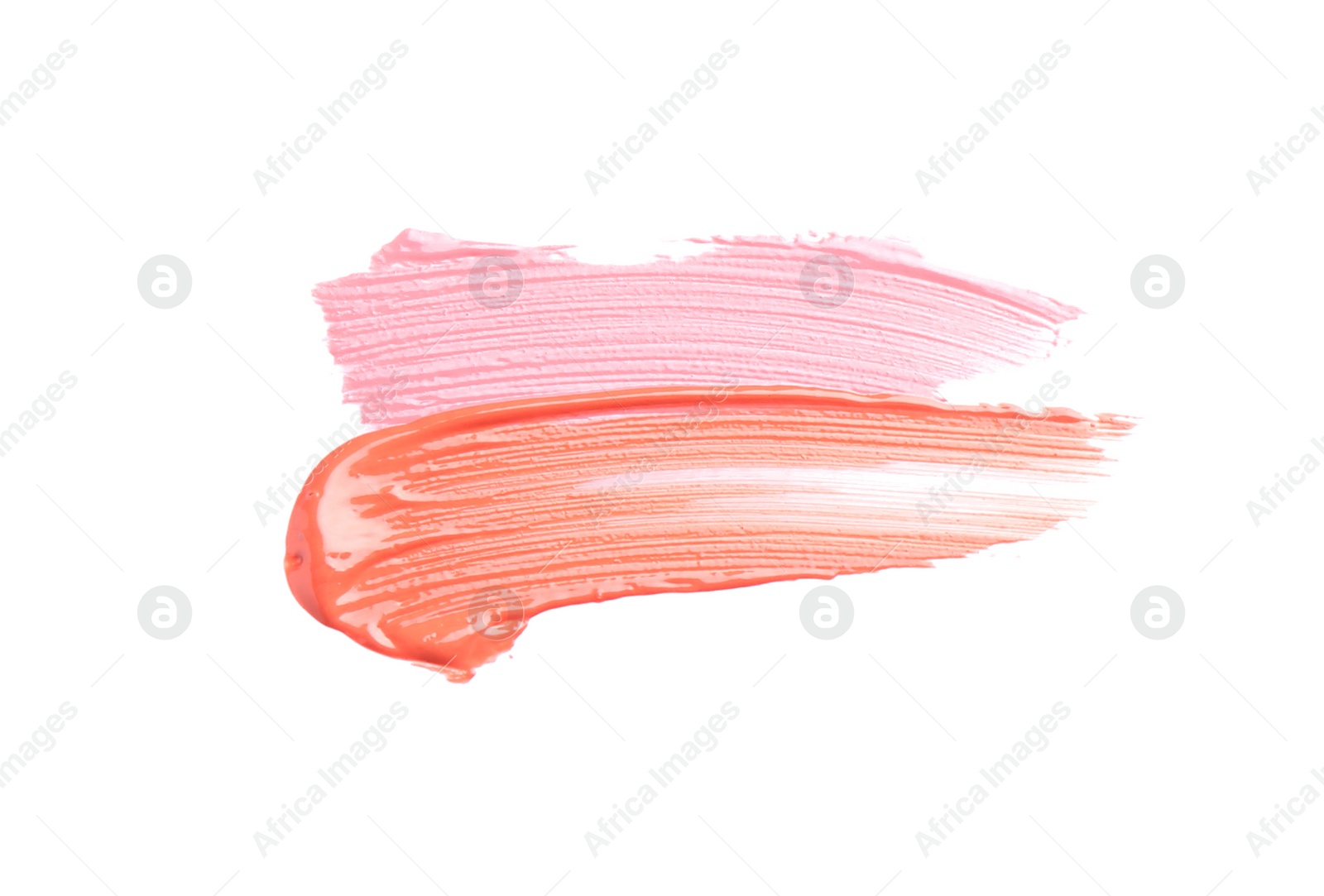 Photo of Strokes of different lip glosses isolated on white, top view