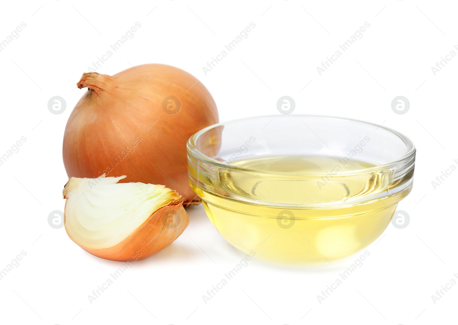 Photo of Glass bowl with onion syrup and fresh ingredient on white background