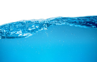Photo of Splash of clear blue water on grey background