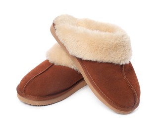 Photo of Pair of soft slippers with fur isolated on white