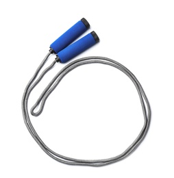 Photo of Jump rope on white background, top view. Sports equipment