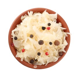 Photo of Bowl of tasty sauerkraut with peppercorns on white background, top view