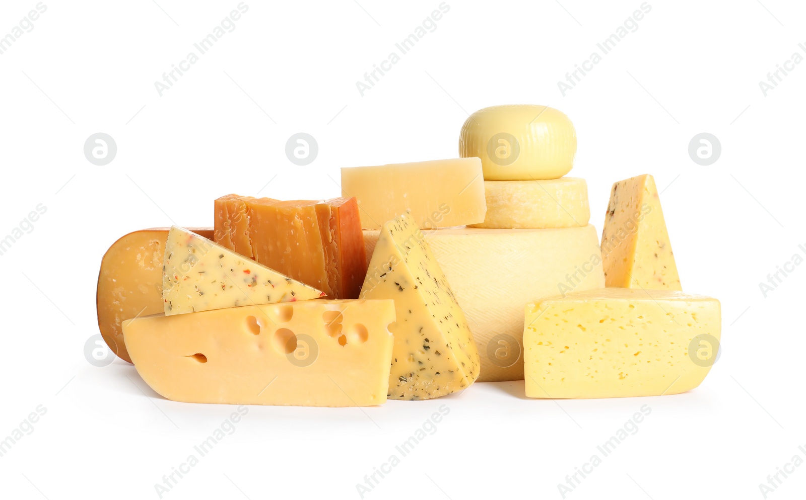 Photo of Different tasty kinds of cheese on white background