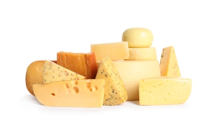 Different tasty kinds of cheese on white background