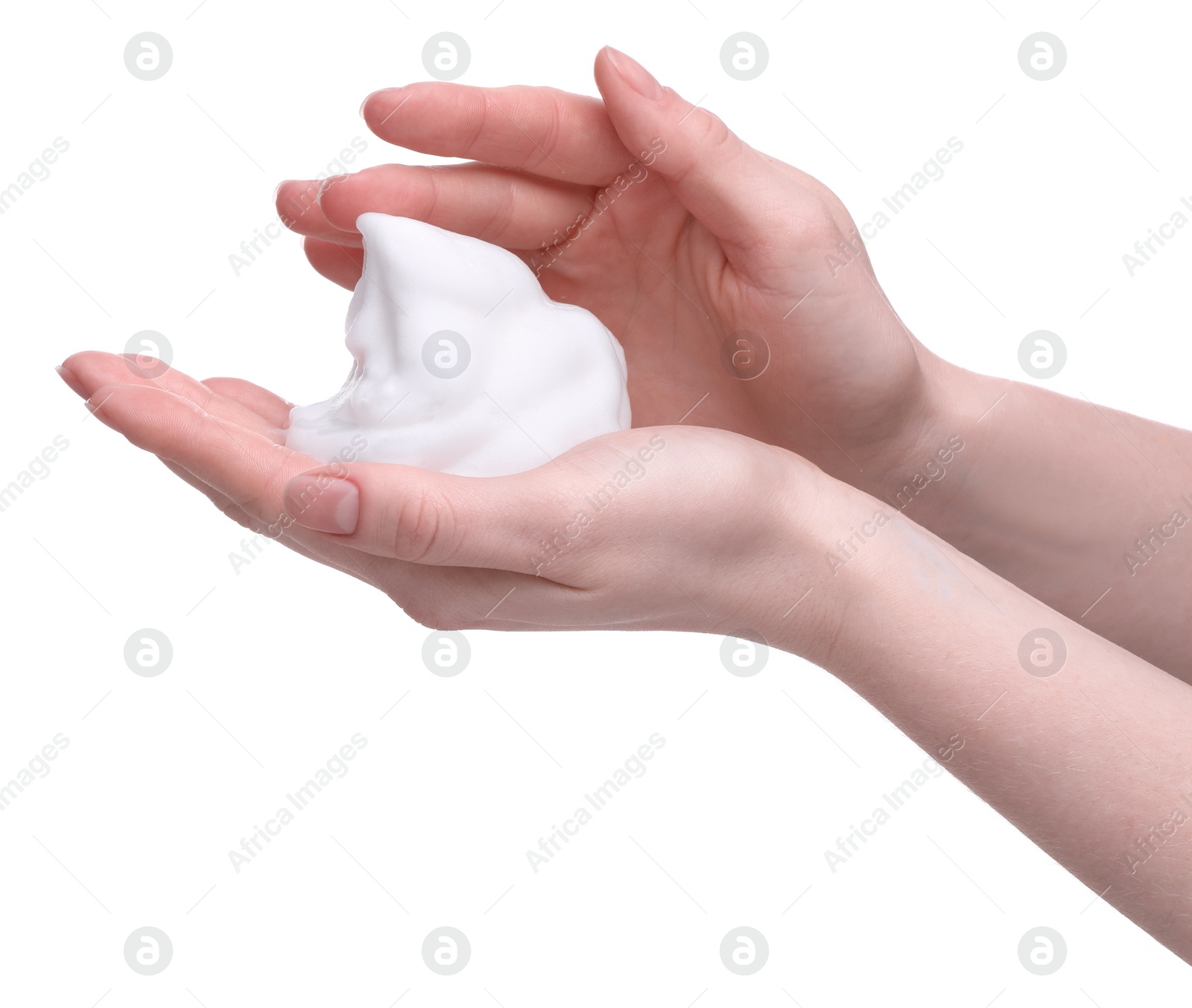 Photo of Woman with bath foam on white background, closeup