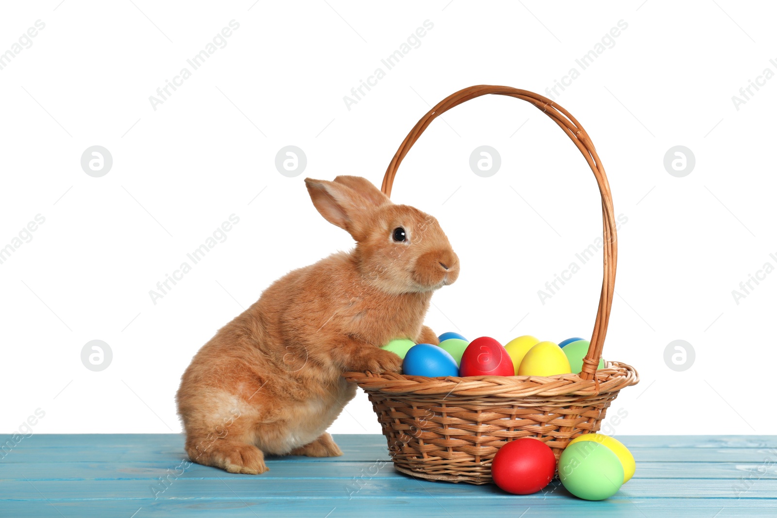 Photo of Cute fluffy bunny and wicker basket with Easter eggs on light blue wooden table