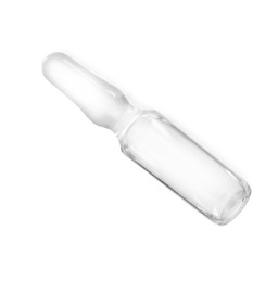 Glass ampoule with pharmaceutical product on white background, top view