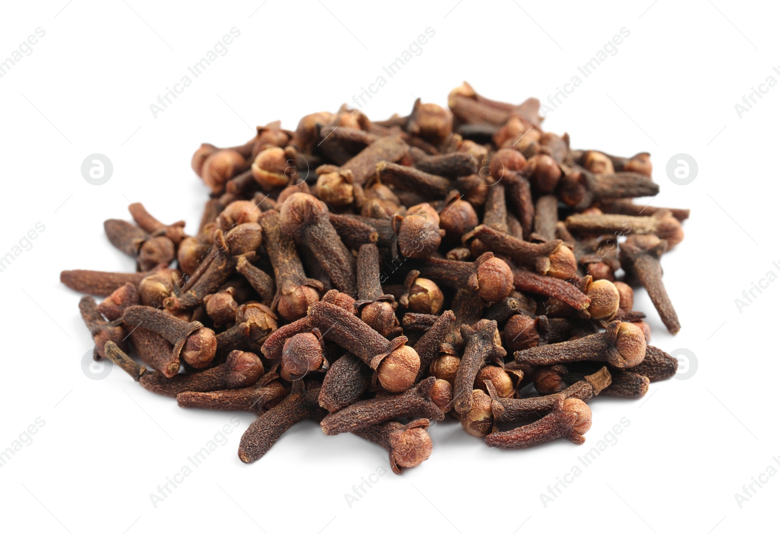 Photo of Pile of aromatic dry cloves on white background