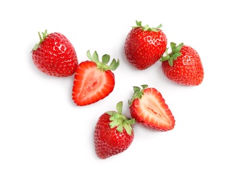 Photo of Delicious fresh red strawberries on white background, top view