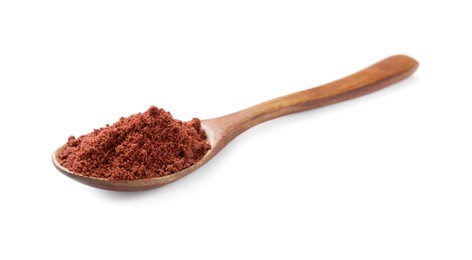 Photo of Dried cranberry powder in wooden spoon isolated on white