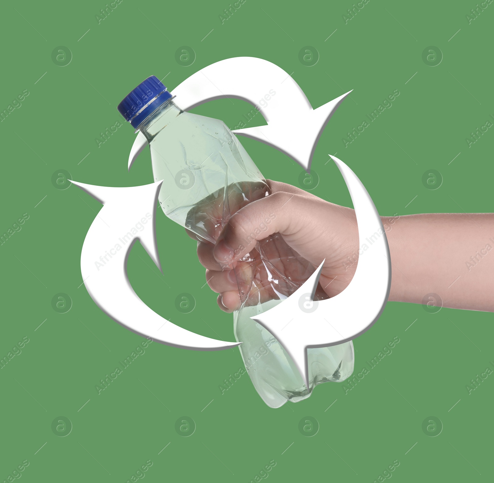 Image of Illustration of recycling symbol and woman holding plastic bottle on green background, closeup