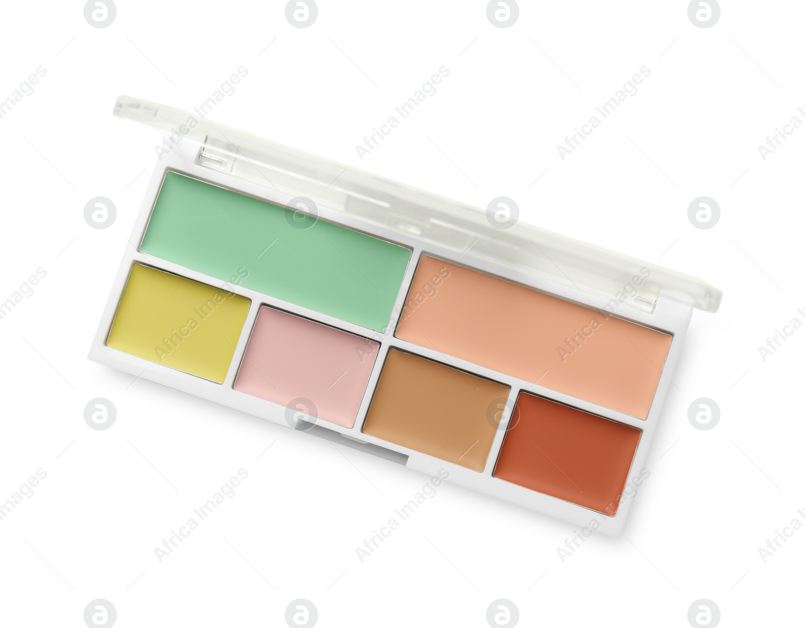 Photo of Colorful correcting concealer palette isolated on white, top view