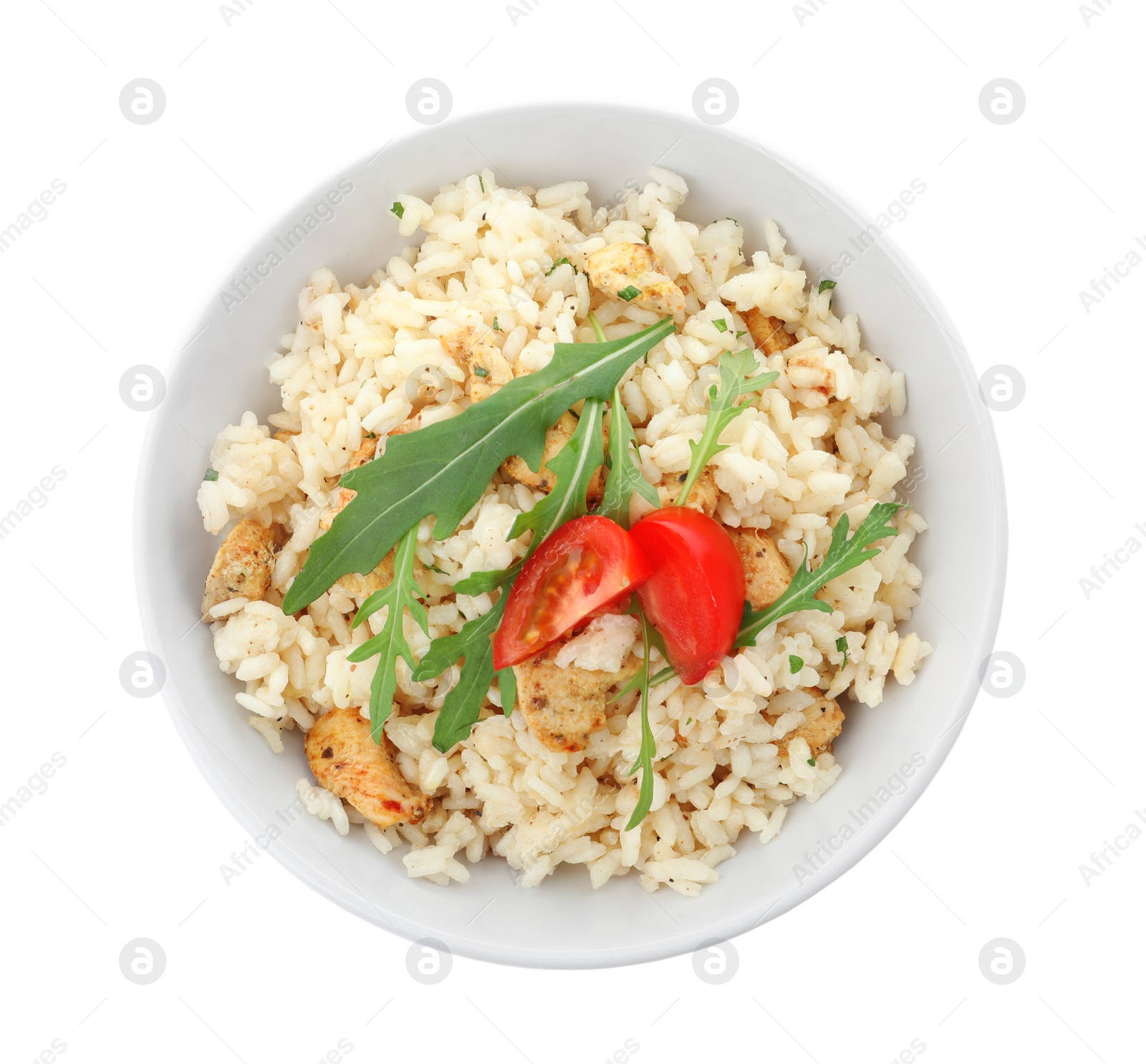 Photo of Delicious risotto with chicken isolated on white, top view