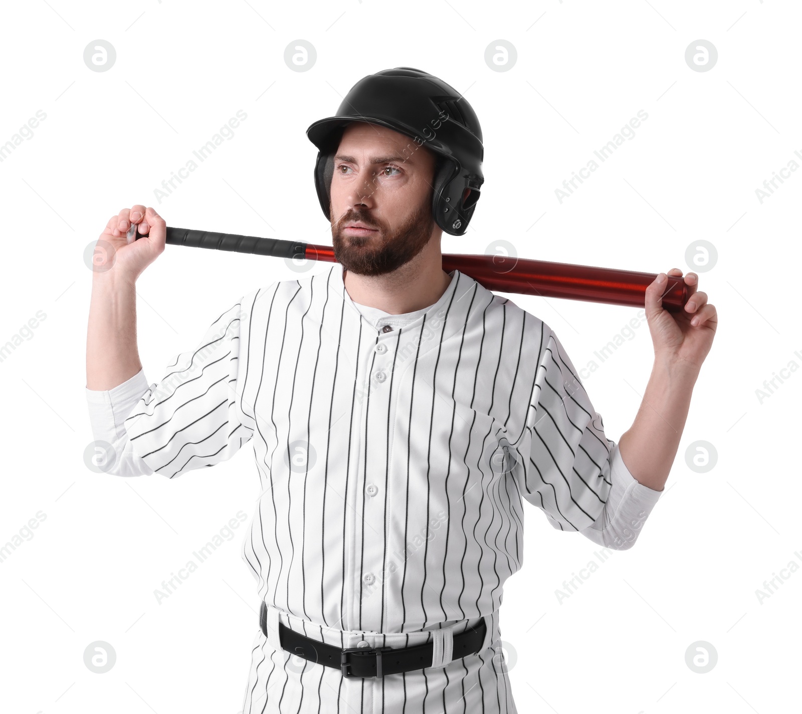 Photo of Baseball player with bat on white background