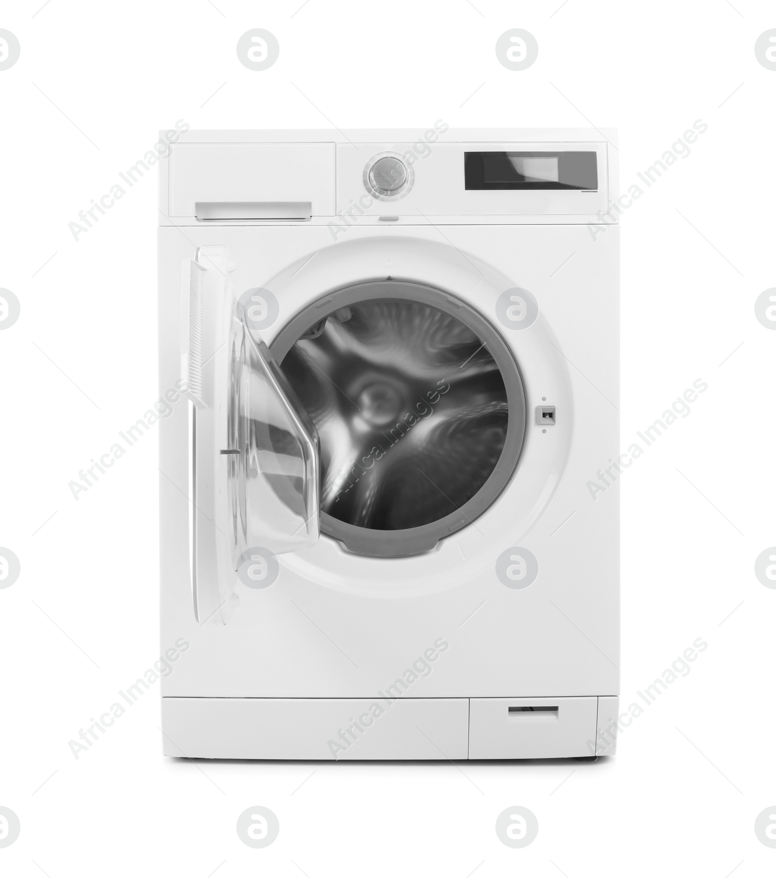 Photo of Modern washing machine on white background. Laundry day