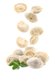 Many tasty dumplings falling on white background