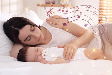 Lullaby songs. Mother and her baby sleeping at home. Illustration of flying music notes over woman and child