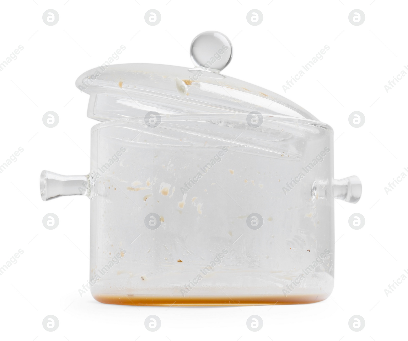 Photo of Dirty glass pot with lid on white background