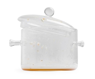 Photo of Dirty glass pot with lid on white background