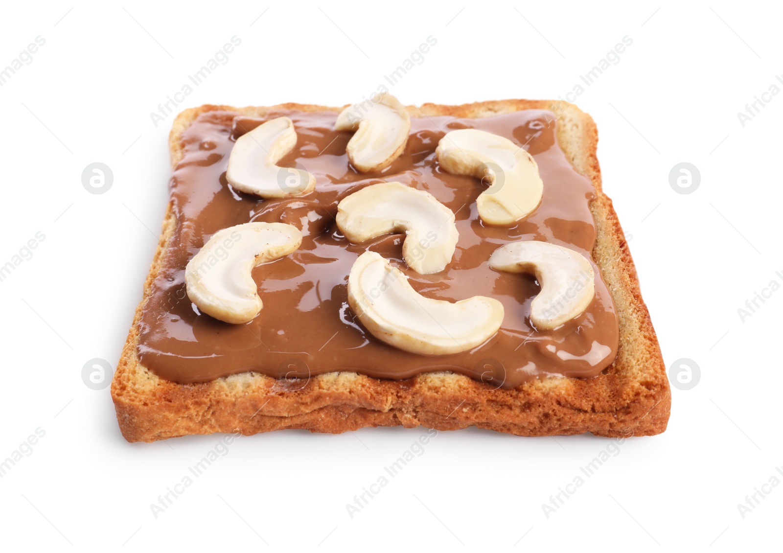 Photo of Toast with tasty nut butter and cashews isolated on white