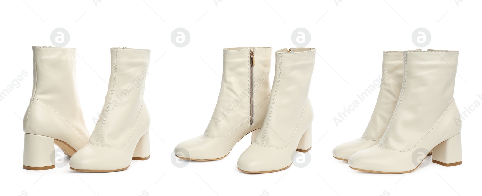 Image of Set with stylish shoes on white background, banner design