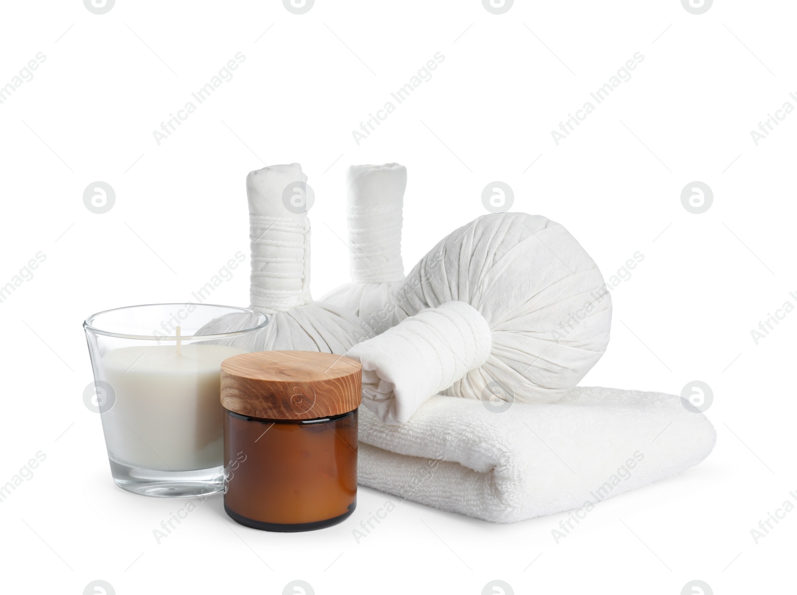 Photo of Spa composition with care products on white background