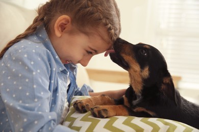Photo of Little girl with cute puppy sitting on sofa indoors