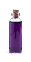 Photo of Glass bottle of purple food coloring on white background